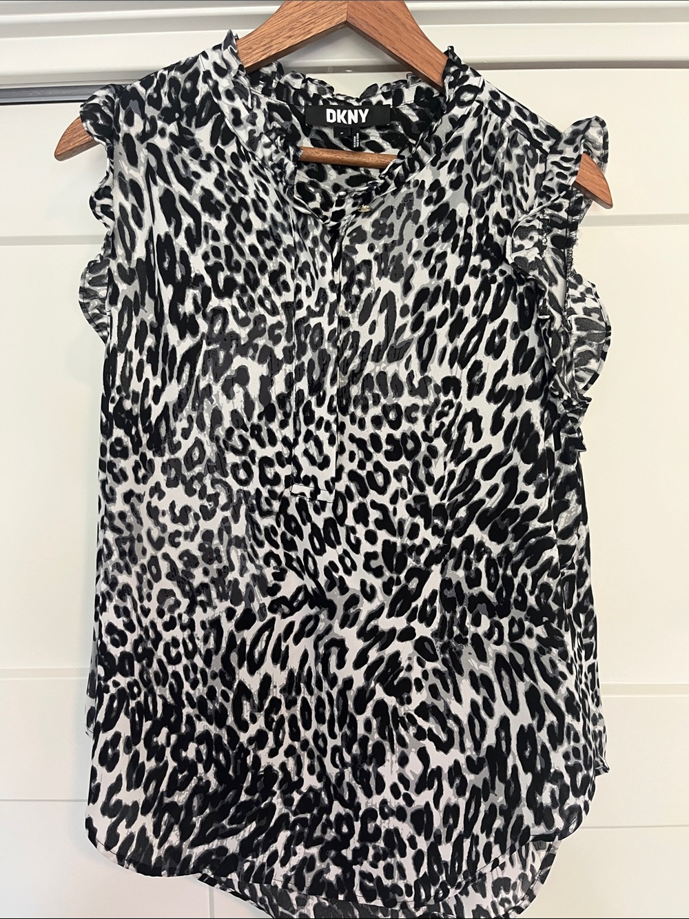 DKNY Black and White Leopard Print Ruffle Cap-Sleeve Camisole